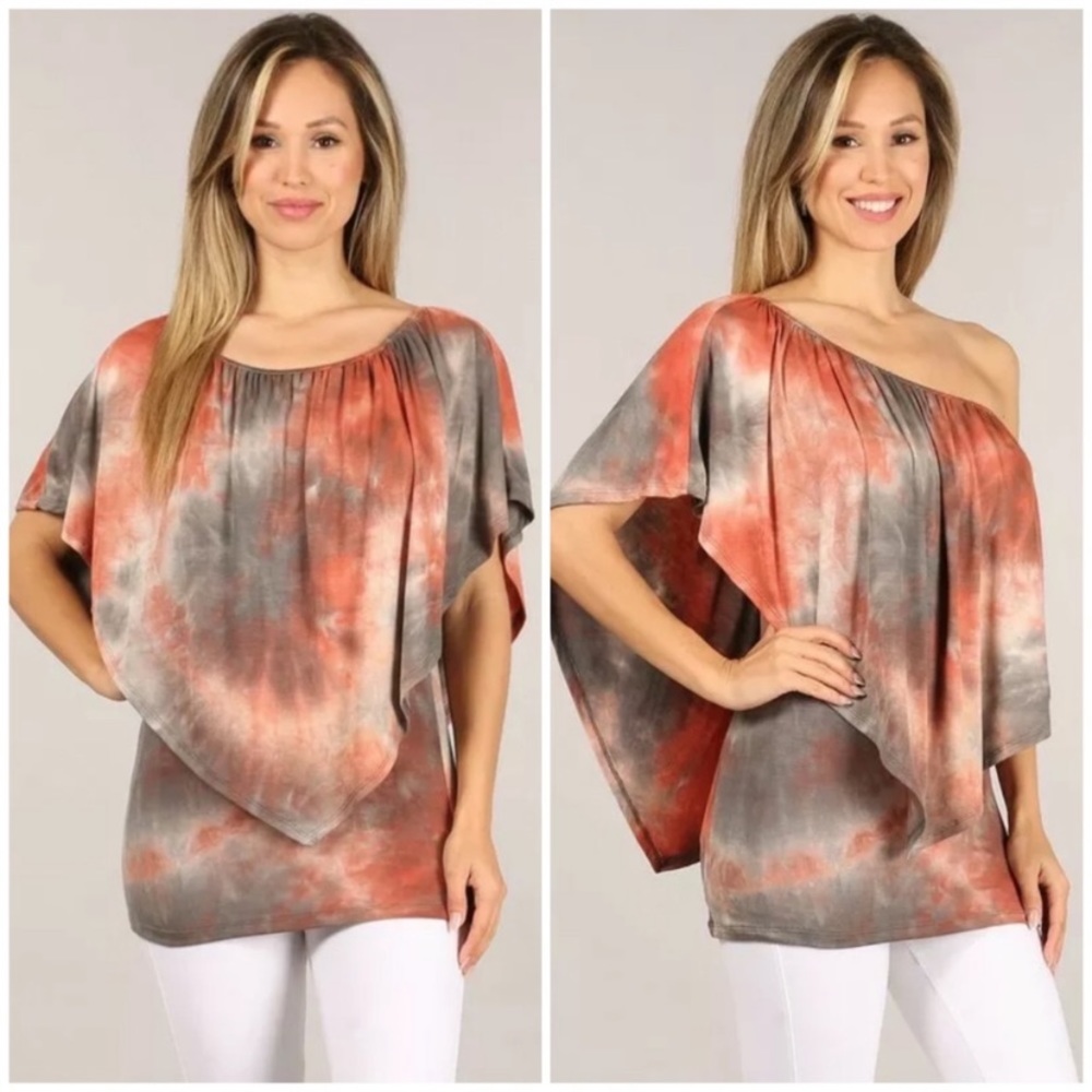 Rust Gray Multi Way Tie Dye Boho One Shoulder Top - Picture 1 of 8